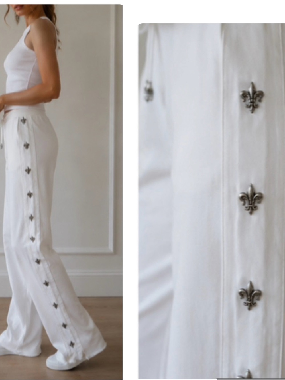 White Wide-Leg Fleur-de-lis embellished lounge pants - Picture 2 of 6
